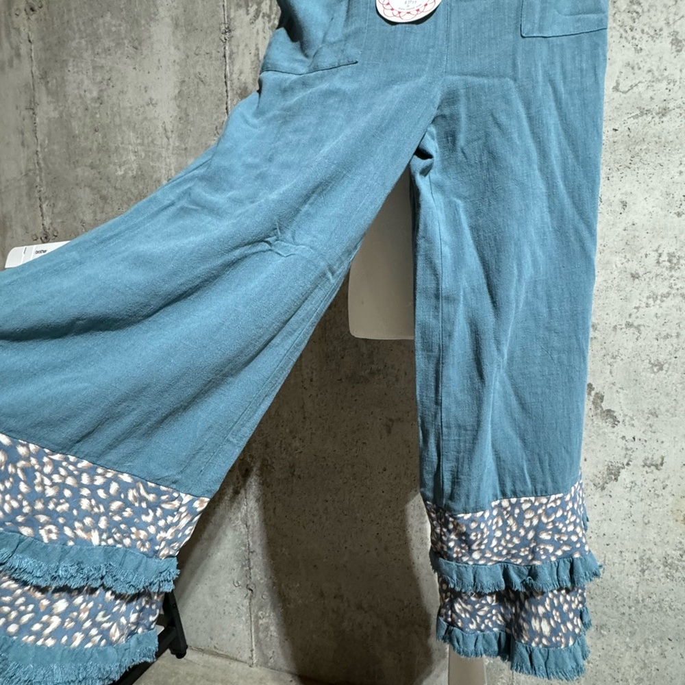 Women’s Teal Boho Ruffle Wide-Leg Pants
